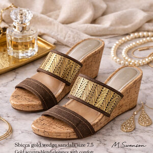 Sbicca Gold Wedge Sandals Size 7.5 Cork Heel Metallic Woven Strap